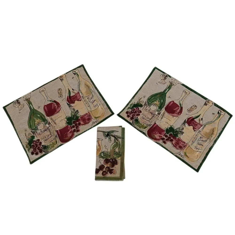 2 Wine Themed Placemats & 1 Napkin Or Bread Liner By Julia Junkin Cotton Vintage
